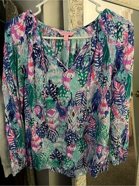 Lilly Pulitzer Teal Navy Pink Printed V-Neck Tunic
